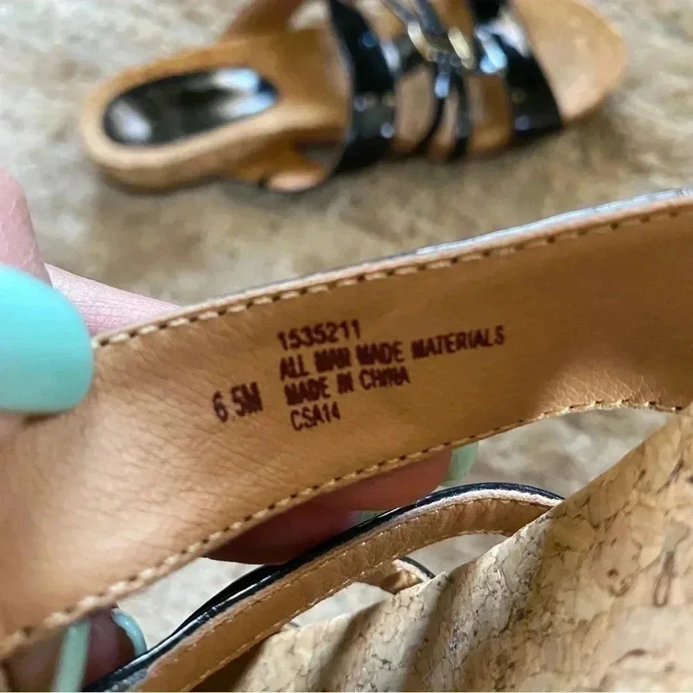 Sofft Patent Leather Cork Sole Flat Strappy Black Sandals Slides: 6.5